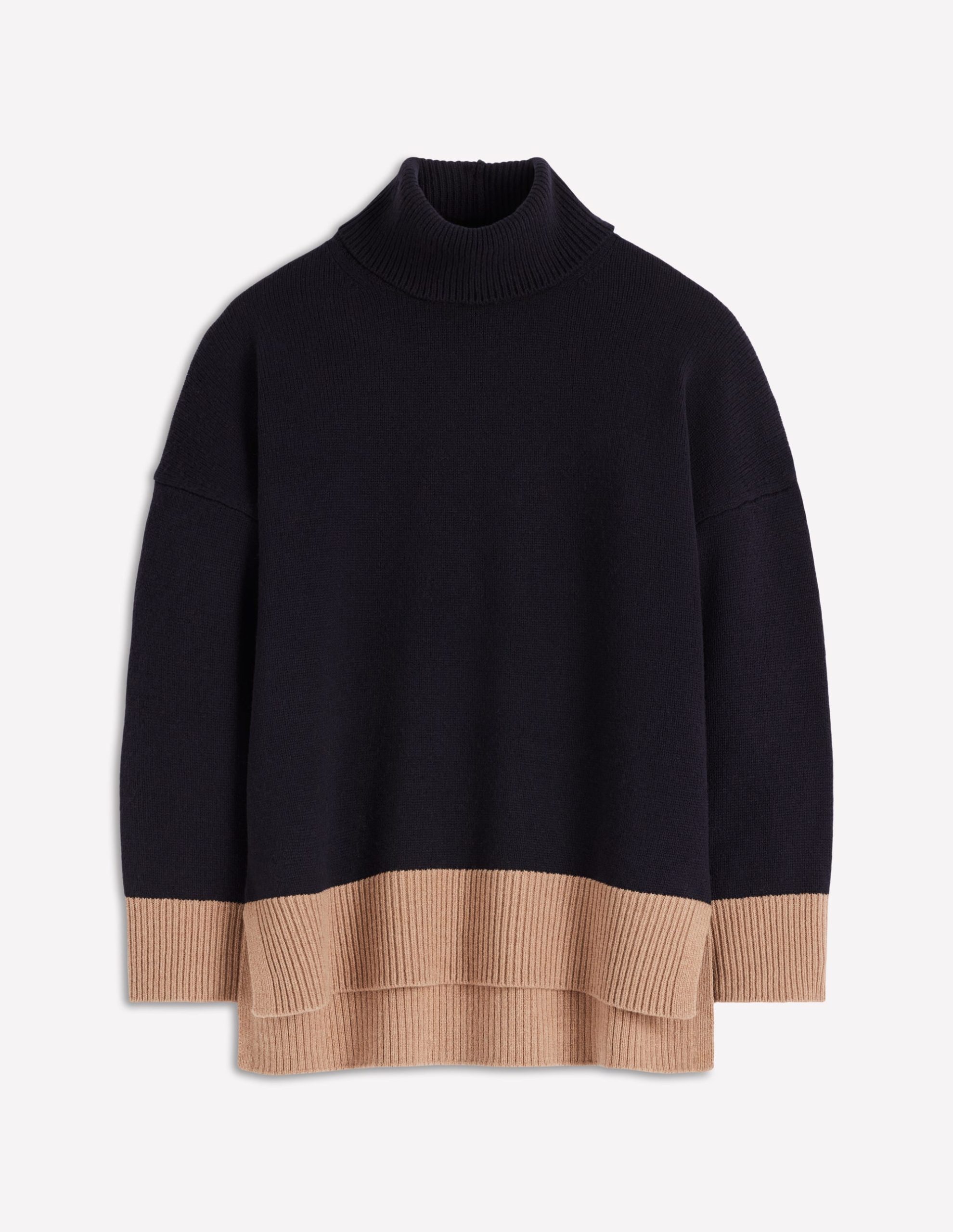 Polly Merino Roll Neck Sweater-Navy, Warm Taupe Colour Block - Image 7