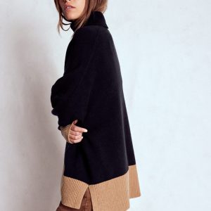 Polly Merino Roll Neck Sweater-Navy, Warm Taupe Colour Block