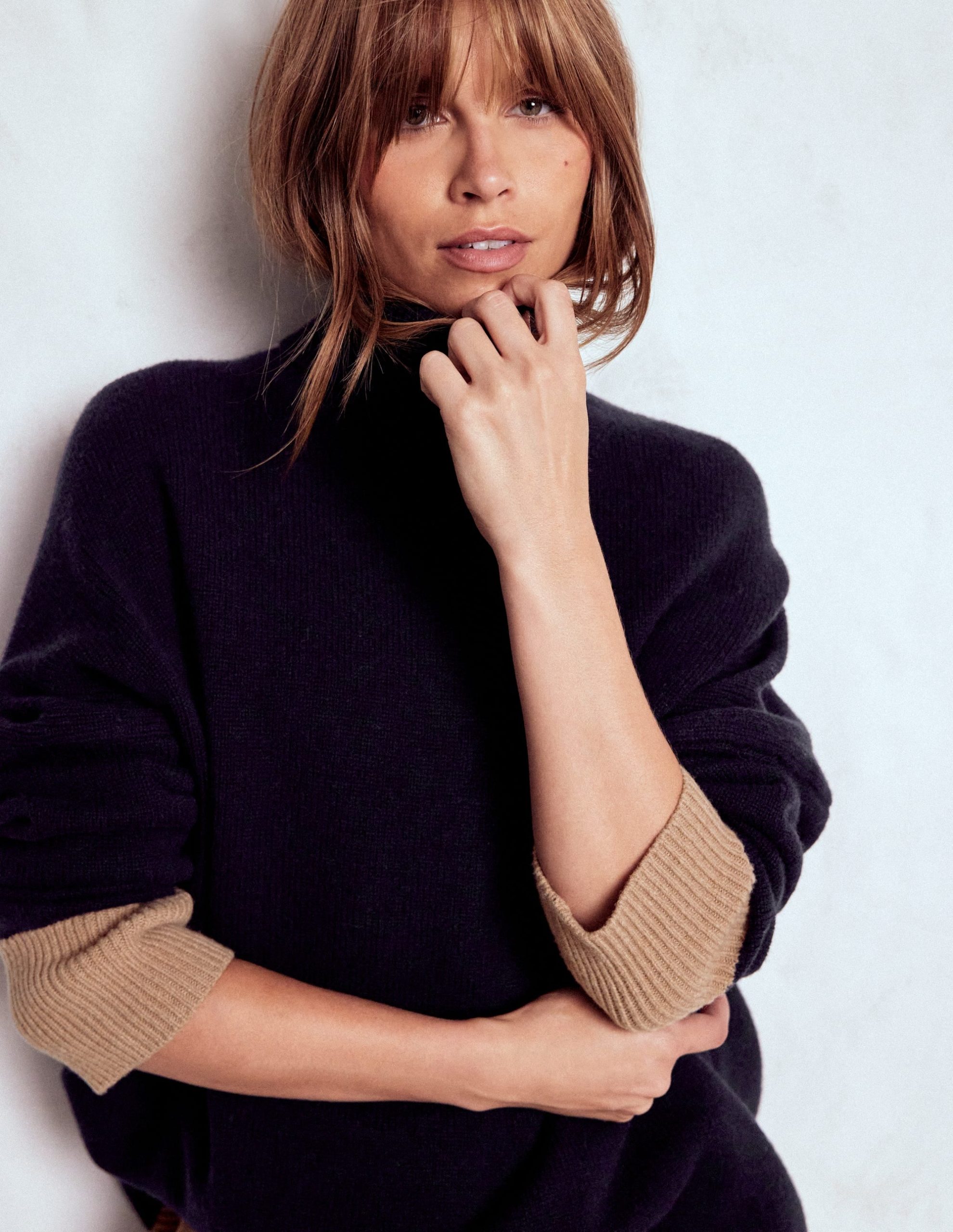 Polly Merino Roll Neck Sweater-Navy, Warm Taupe Colour Block - Image 2