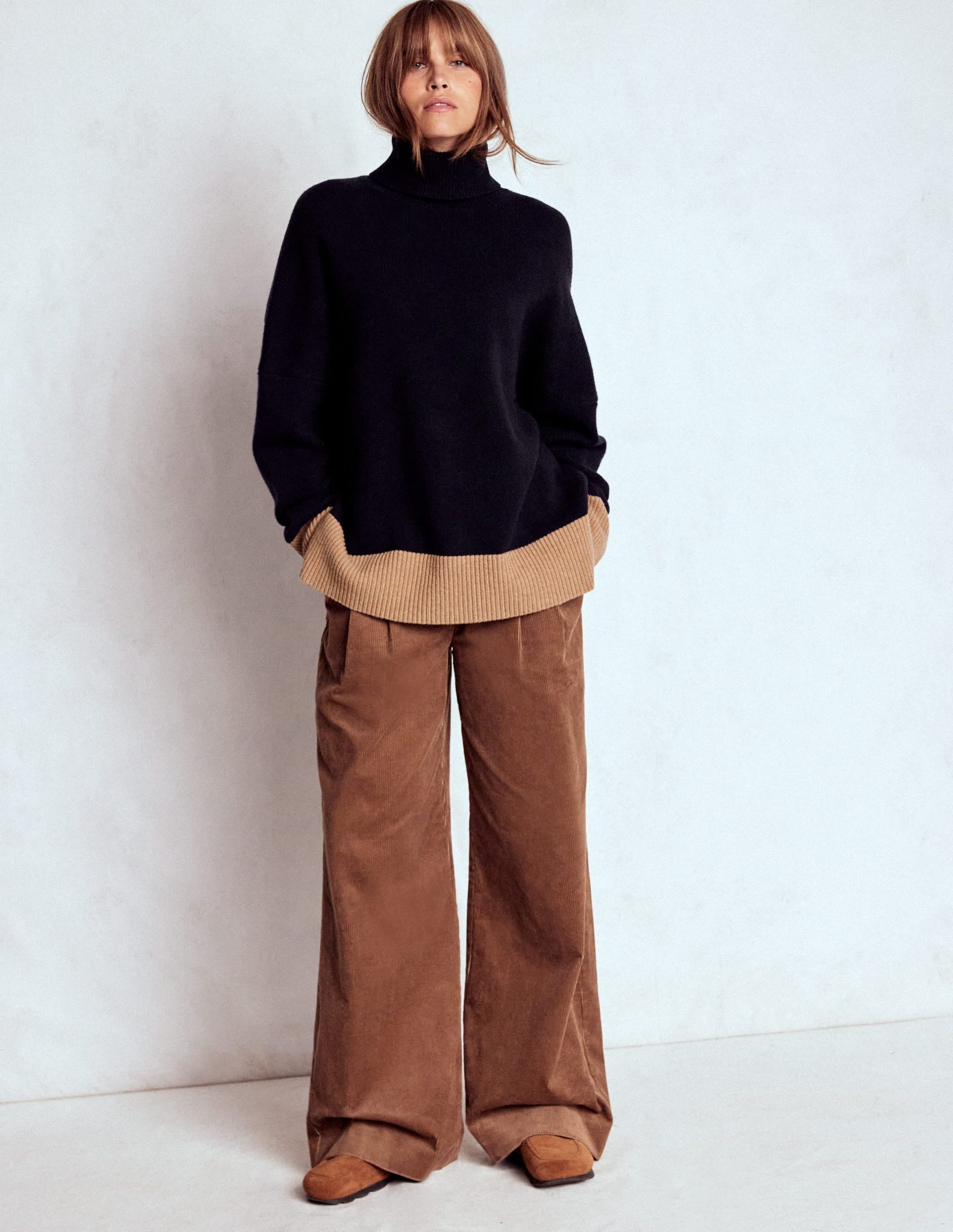 Polly Merino Roll Neck Sweater-Navy, Warm Taupe Colour Block - Image 4