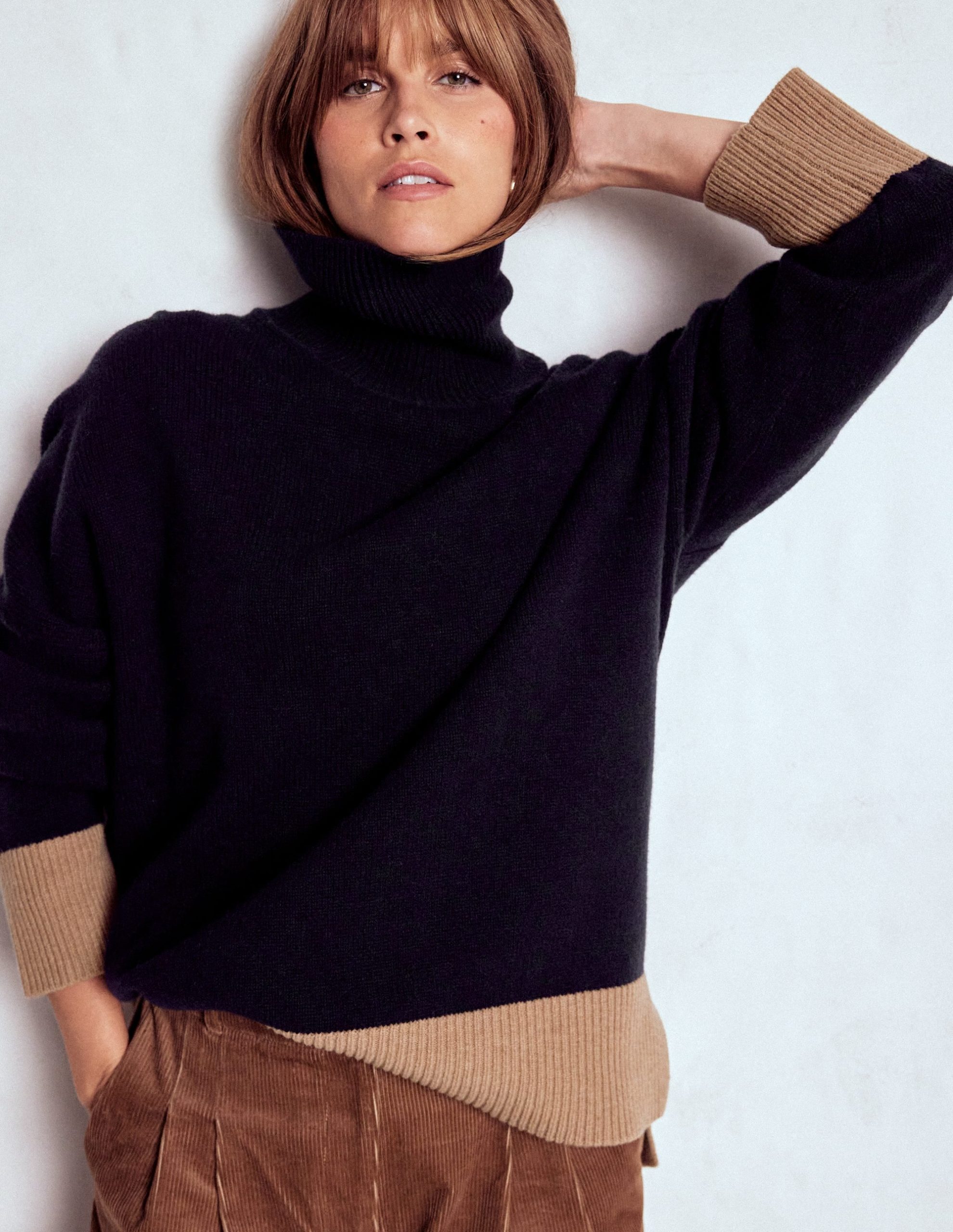 Polly Merino Roll Neck Sweater-Navy, Warm Taupe Colour Block - Image 5