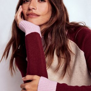 Marion Merino Rib Neck Sweater-Linen, Pinotage Colour Block