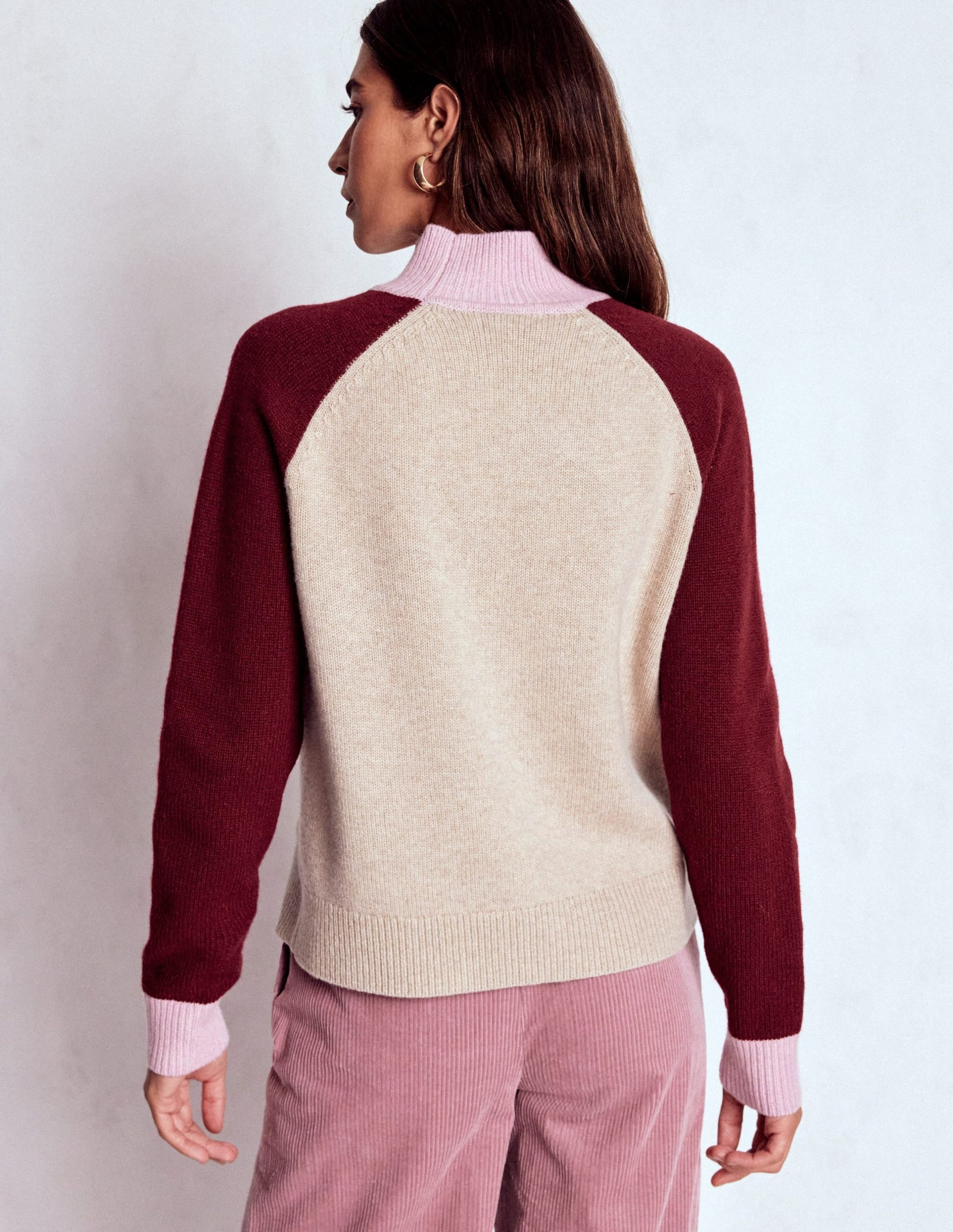Marion Merino Rib Neck Sweater-Linen, Pinotage Colour Block - Image 3