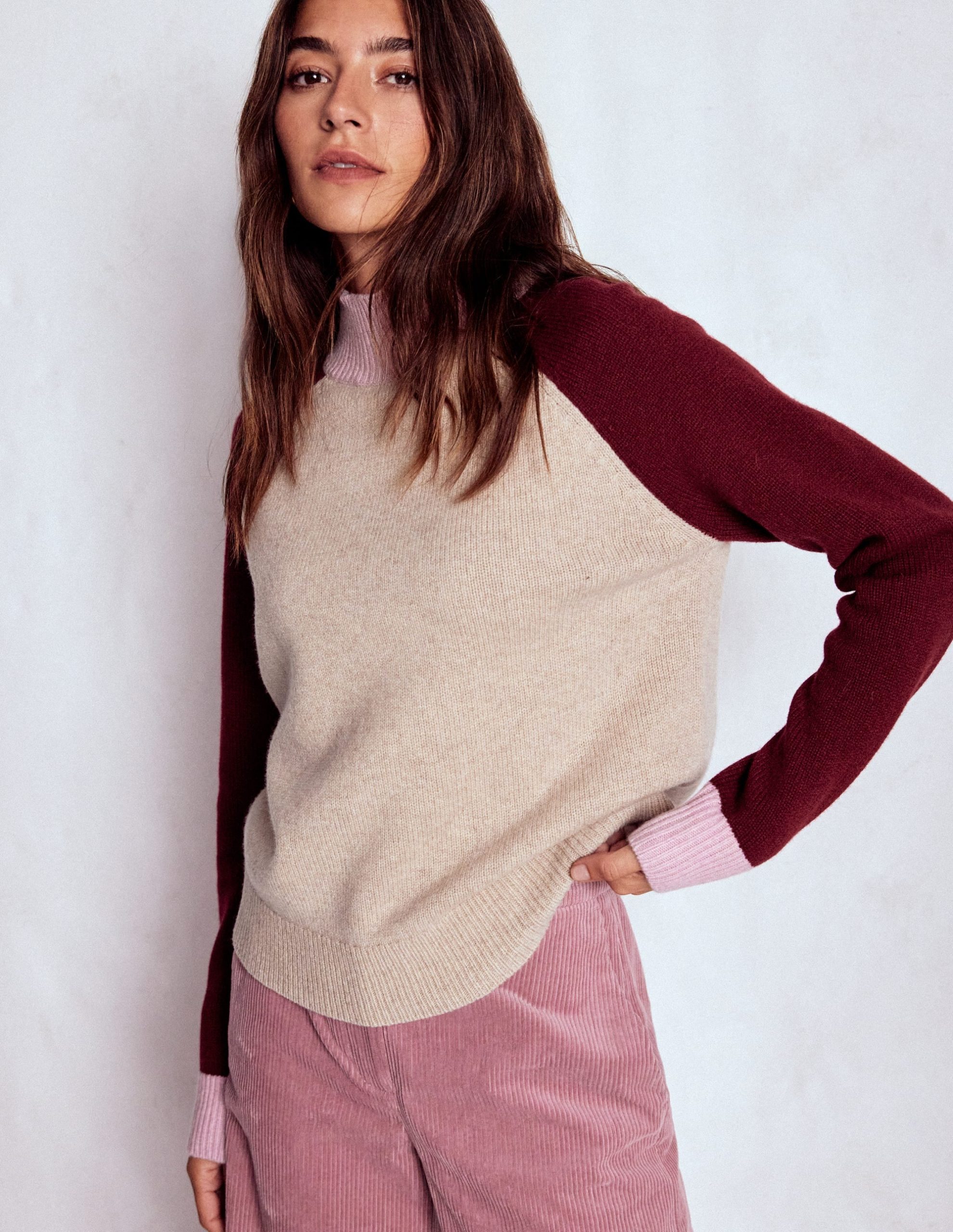 Marion Merino Rib Neck Sweater-Linen, Pinotage Colour Block - Image 4