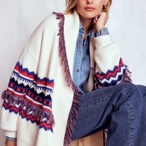 Fringed Jacquard Cardigan-Warm Ivory Melange