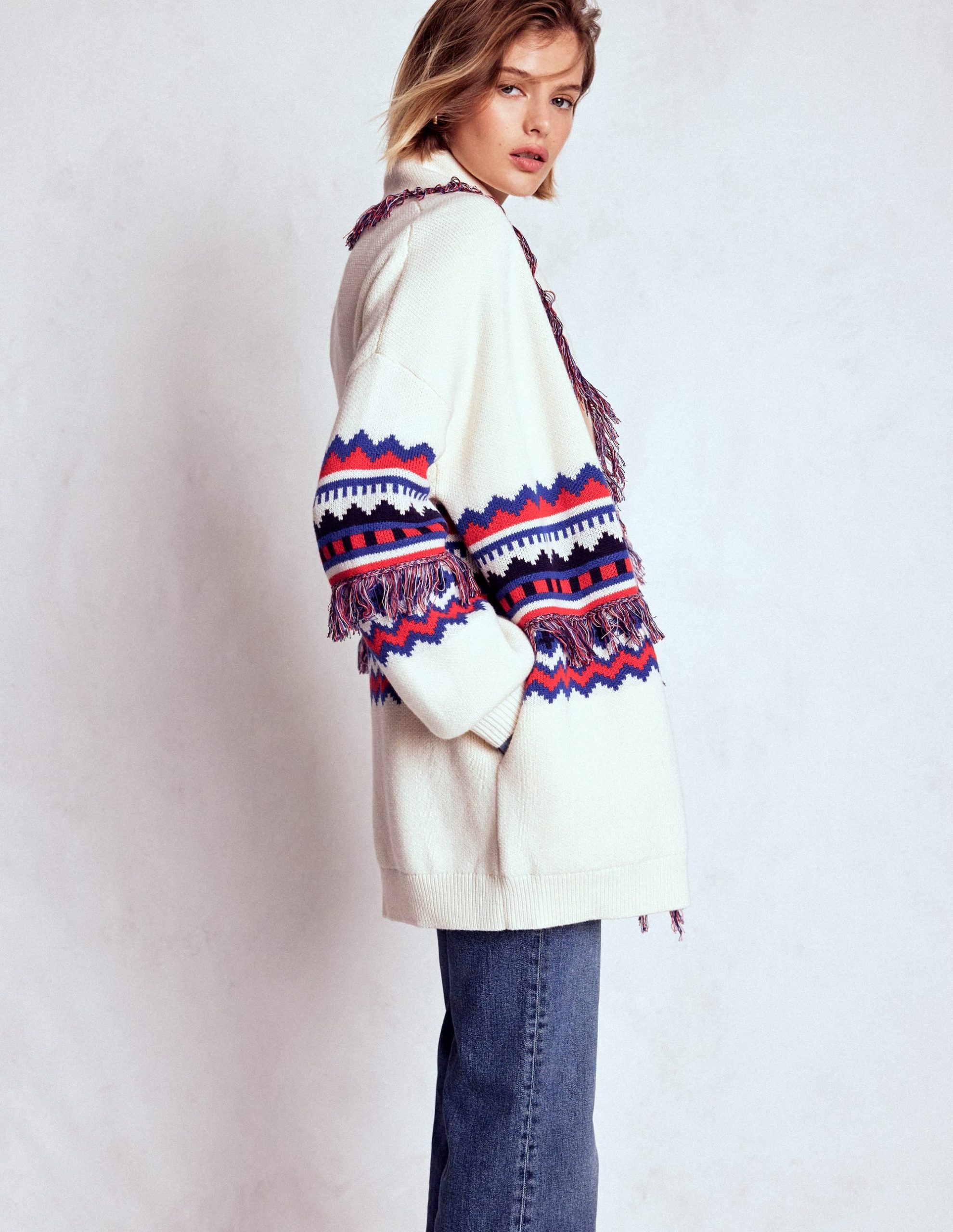 Fringed Jacquard Cardigan-Warm Ivory Melange - Image 4