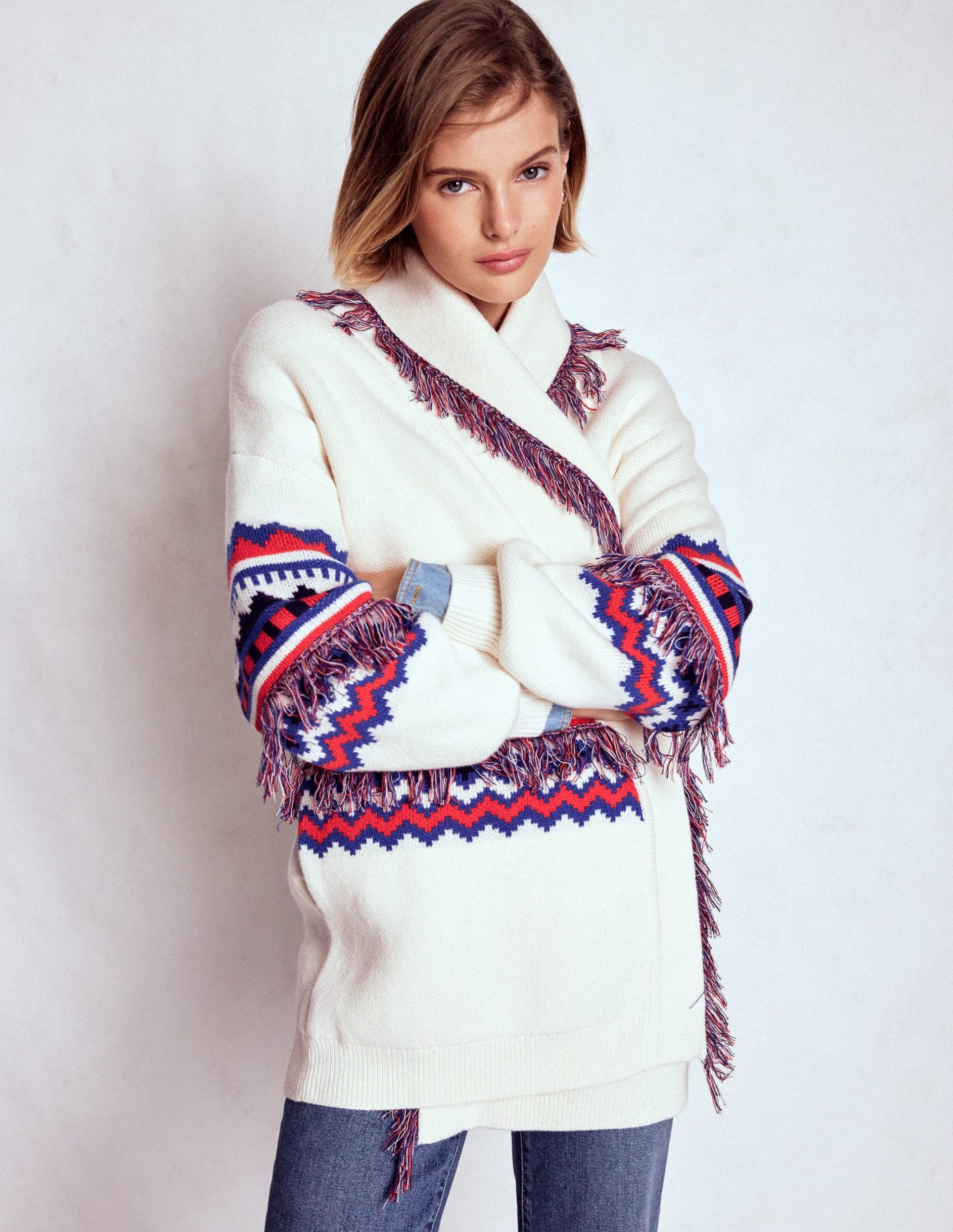 Fringed Jacquard Cardigan-Warm Ivory Melange - Image 5