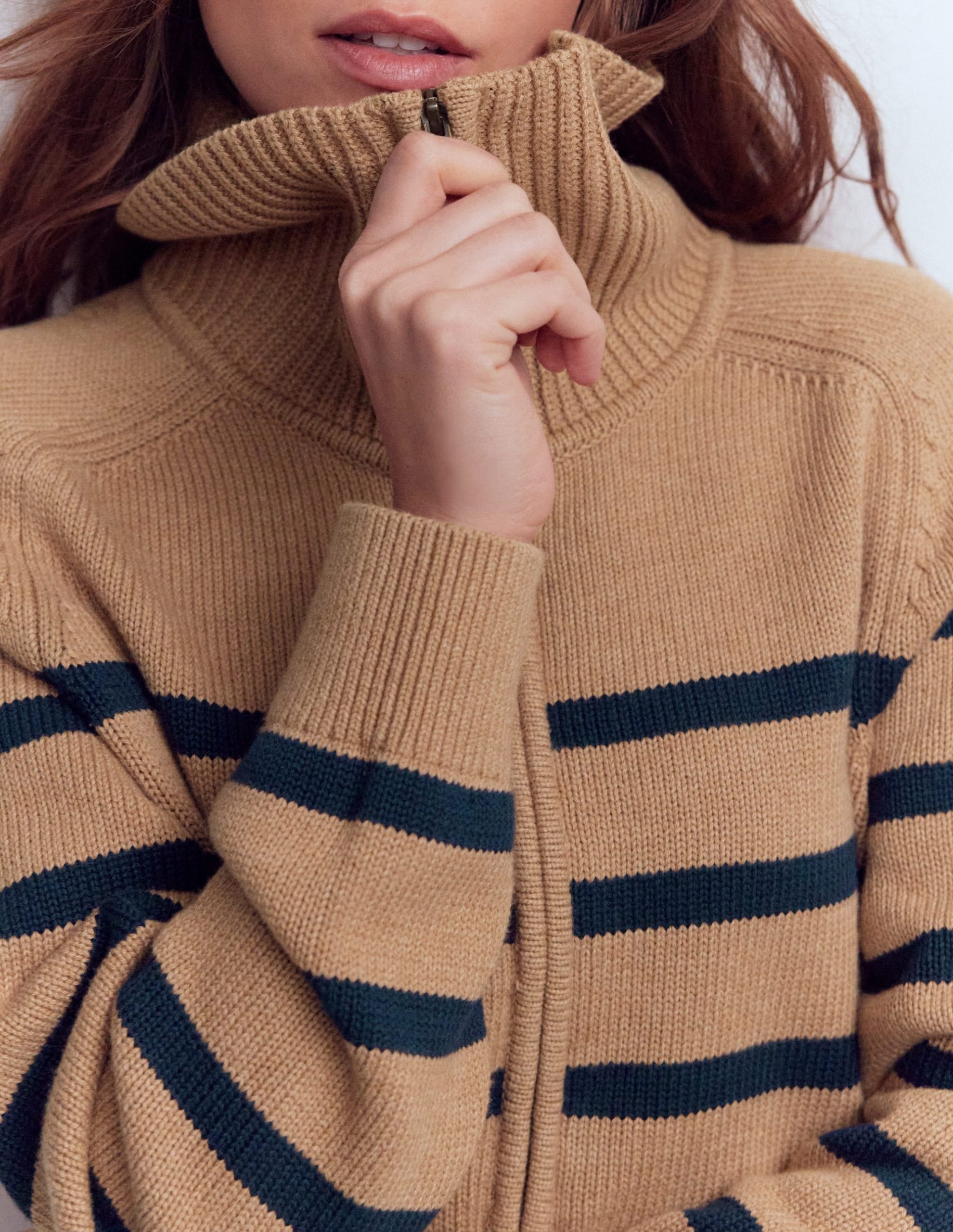 Lucy Half-zip Sweater-Camel Melange, Navy Stripe - Image 2
