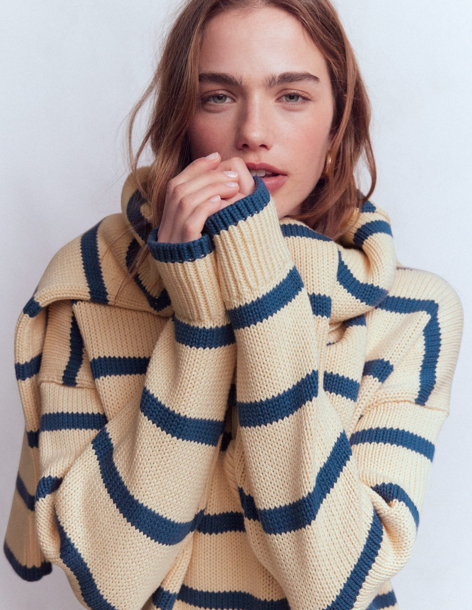 Lucy Oversized Cotton Jumper-Almond Milk/ Denim Blue Stripe - Image 2