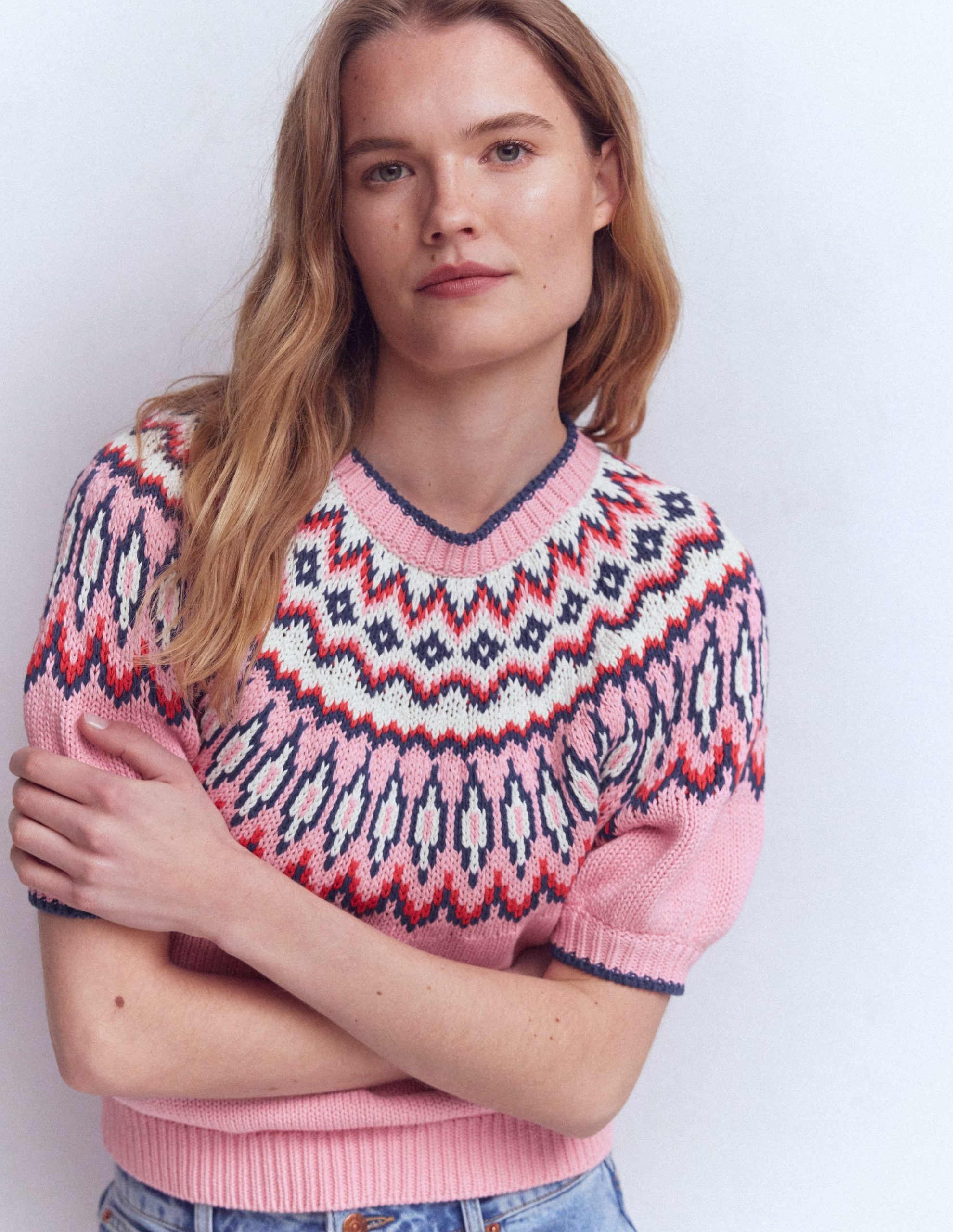 Margot Puff Sleeve T-Shirt-Almond Pink Fair Isle - Image 4