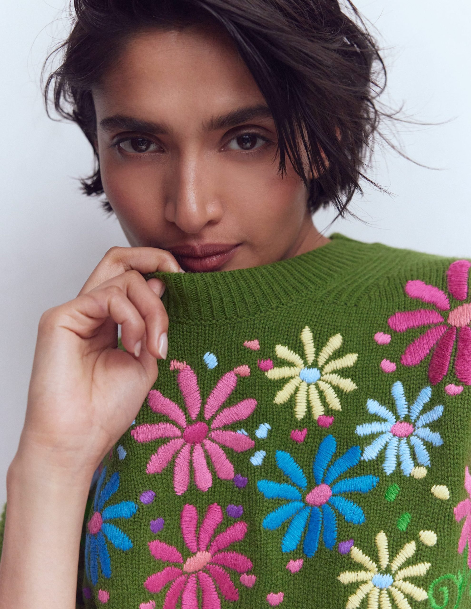 Isa Embroidered Sweater-Herb Garden, Green Flowers - Image 2