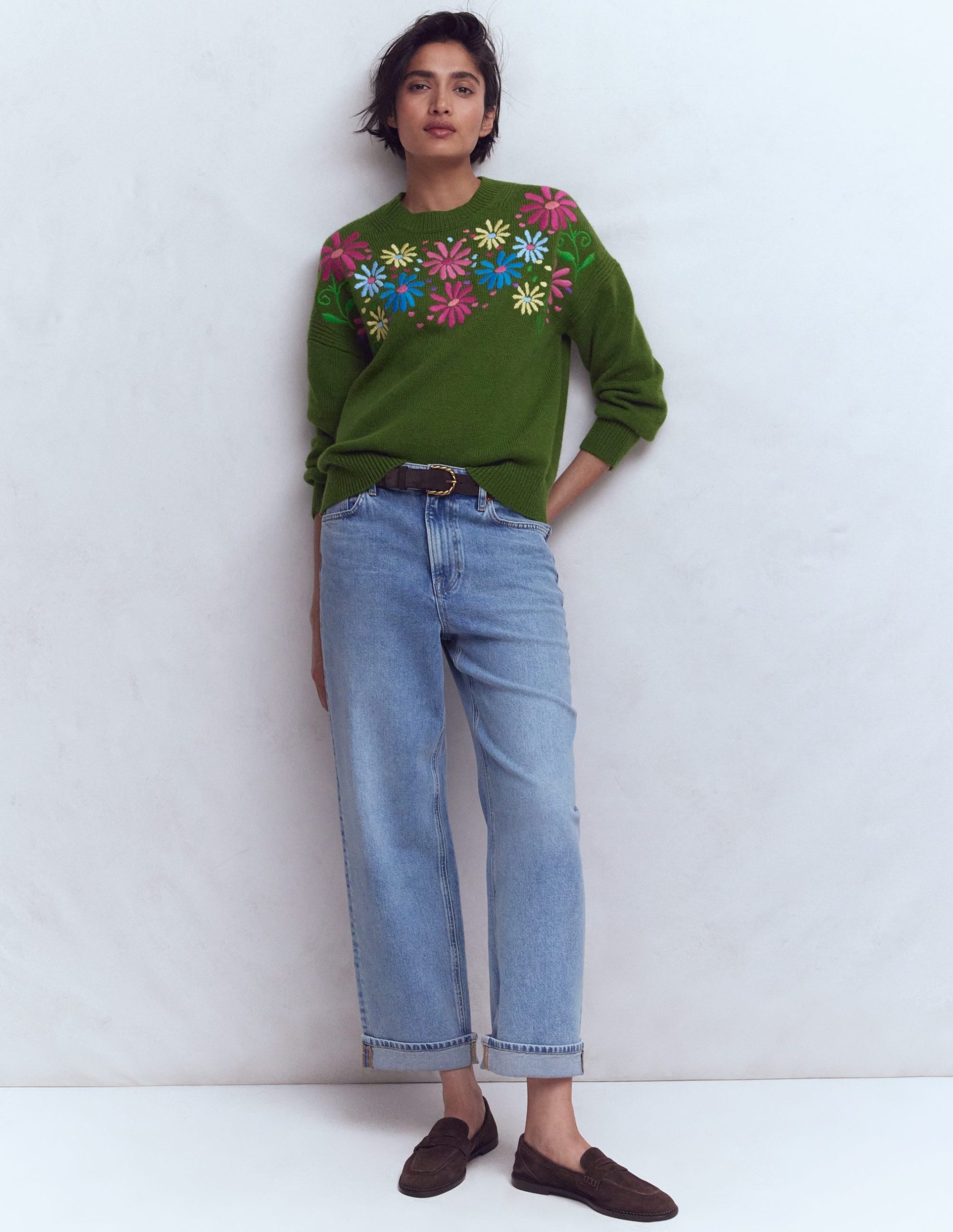 Isa Embroidered Sweater-Herb Garden, Green Flowers - Image 4