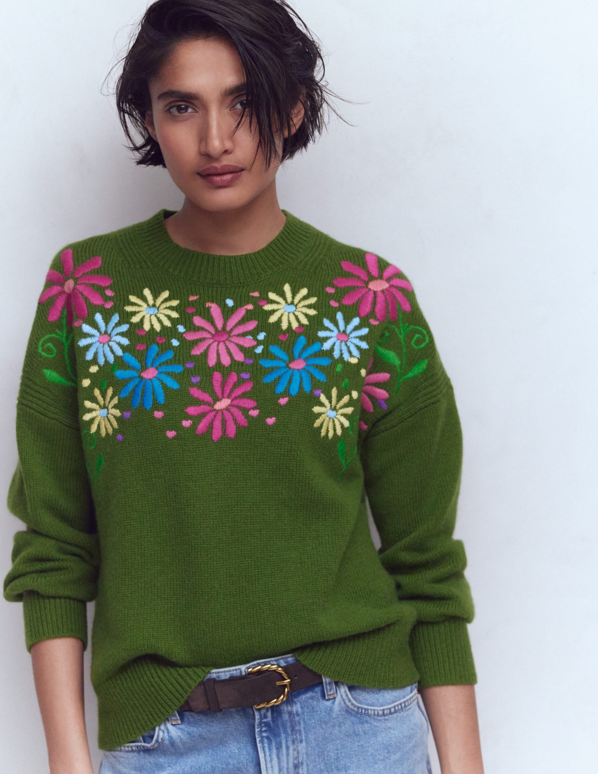 Isa Embroidered Sweater-Herb Garden, Green Flowers - Image 5
